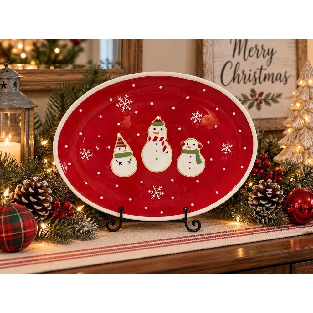 Hallmark Christmas Snowman Oval Serving Platter Red Ceramic Holiday EUC